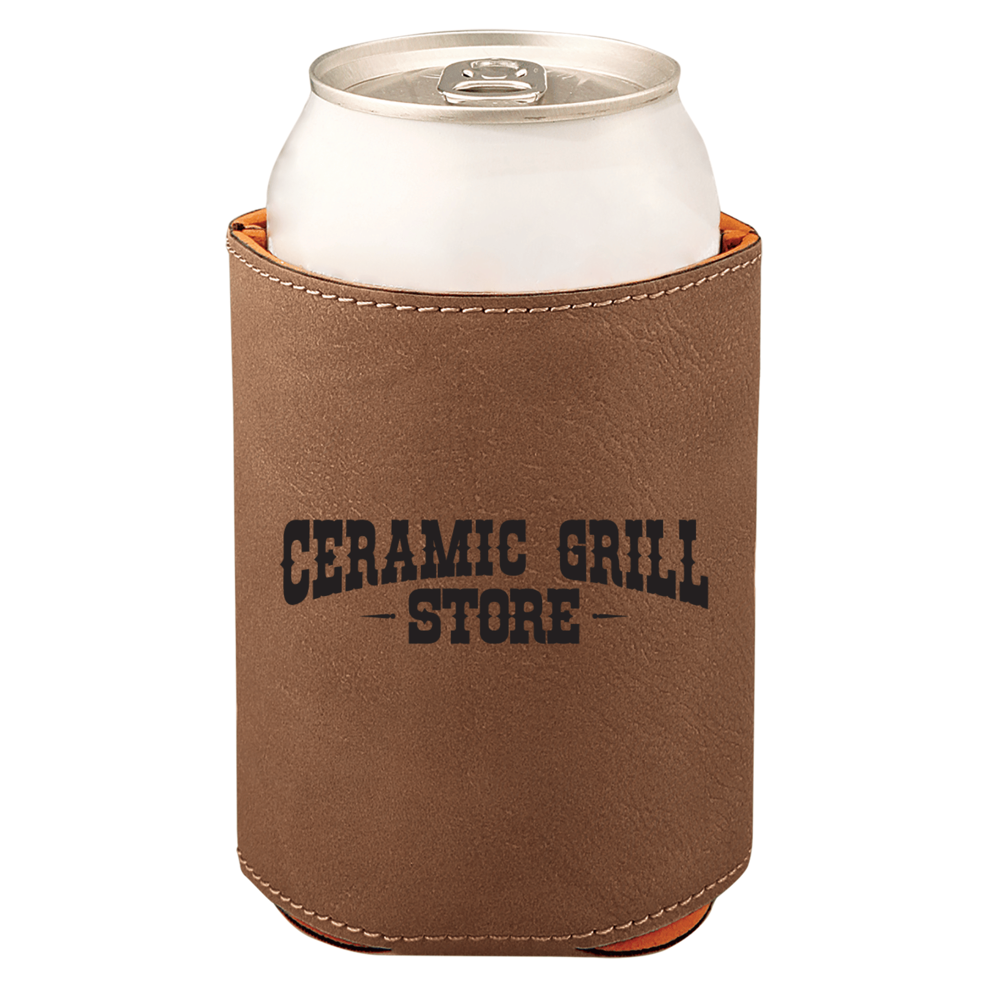 Leatherette Can Cooler in Dark Brown with Black Ceramic Grill Store Logo Laser Engraved