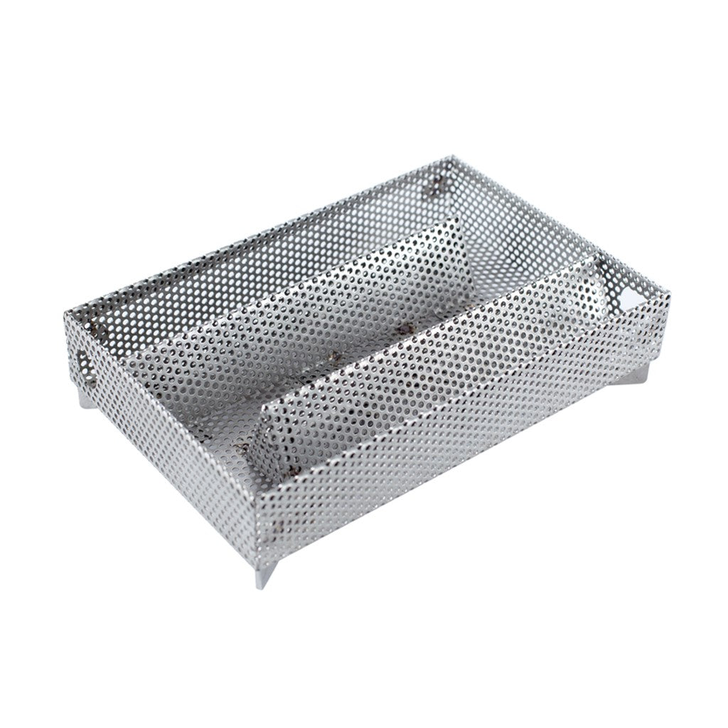 Best cold tray for cold smoking in Kamado, pellet and gas grills. Side angle view showing the three tracks for pellets.  A-Maze-N smoker tray.