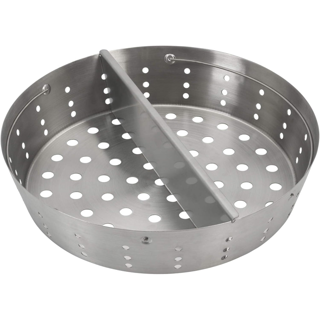 2XL Big Green Egg stainless steel charcoal basket, fire bowl, with handles for easy ash cleanup and improved airflow, replacing the cast iron fire grate. Includes a divider to create two temperature zones.