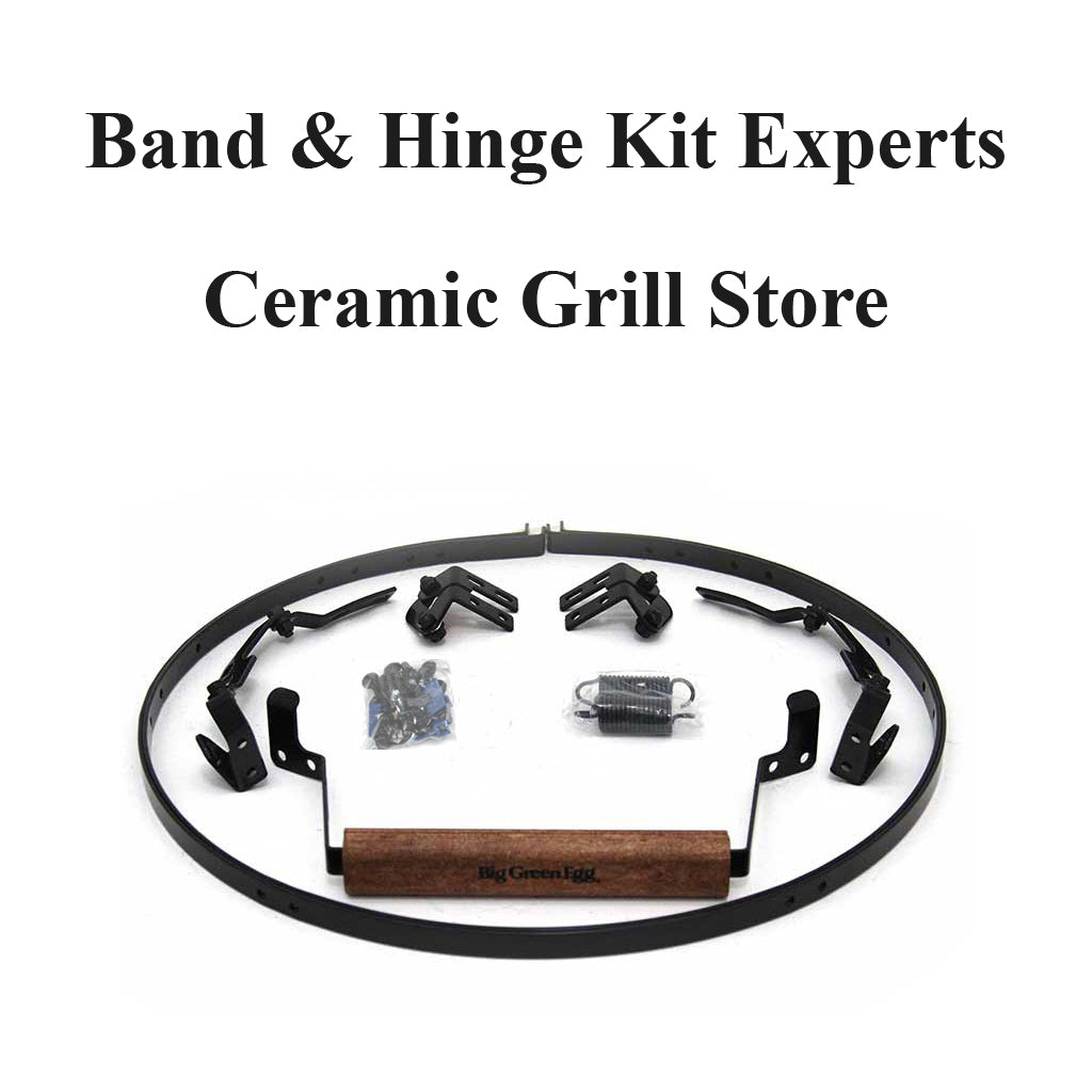 Ceramic Grill Store is the OEM Big Green EGG Band & Hinge Assembly Kit Expert. All the parts to a Big Green EGG Band Kit shown: two bands, four hinges, two springs, handle, hardware pack. IEM Kits are available for all Big Green EGG grills and ship with required wrenches. Free shipping too.