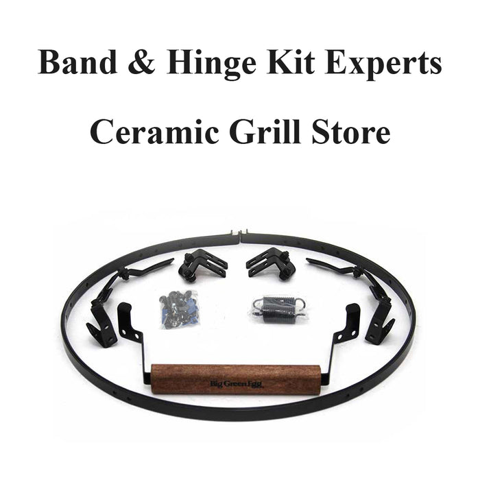 Ceramic Grill Store is the OEM Big Green EGG Band & Hinge Assembly Kit Expert. All the parts to a Big Green EGG Band Kit shown: two bands, four hinges, two springs, handle, hardware pack. IEM Kits are available for all Big Green EGG grills and ship with required wrenches. Free shipping too.