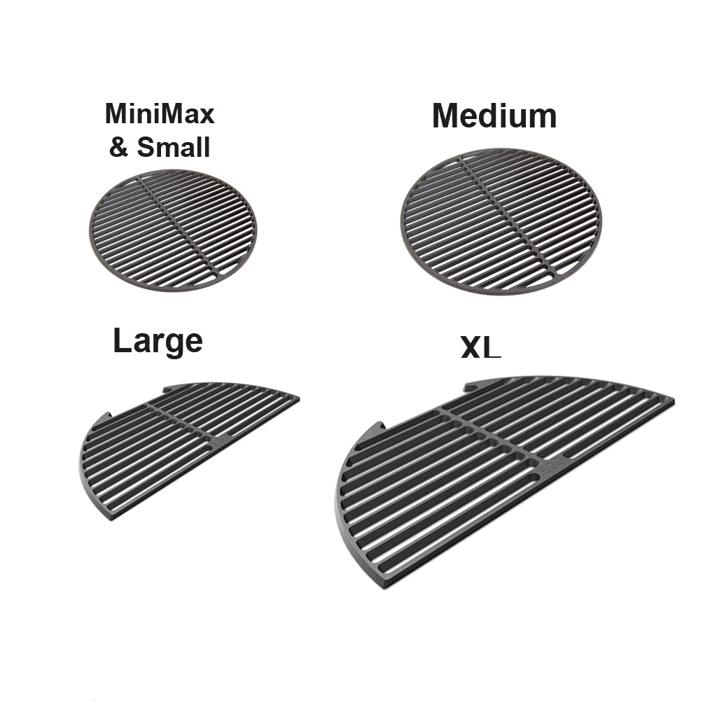 All 5 Big Green EGG cast iron grids. Full Round grids are available for MiniMax, Small, and Medium EGGs; Half-moon grids are available for Lage and XL EGGs.