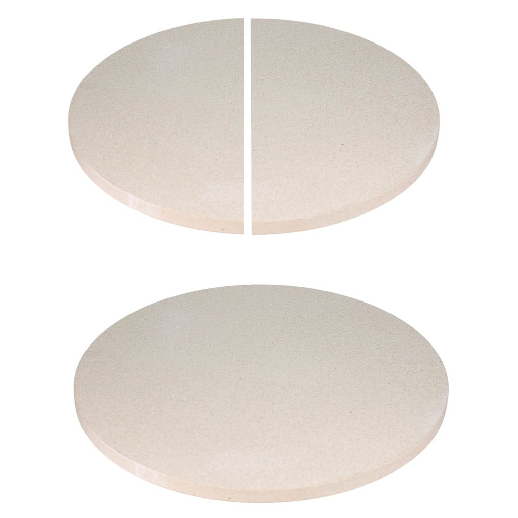 Ceramic Grill Store ceramic heat deflectors for kamado grills in half-moon and full round pizza stone shapes.