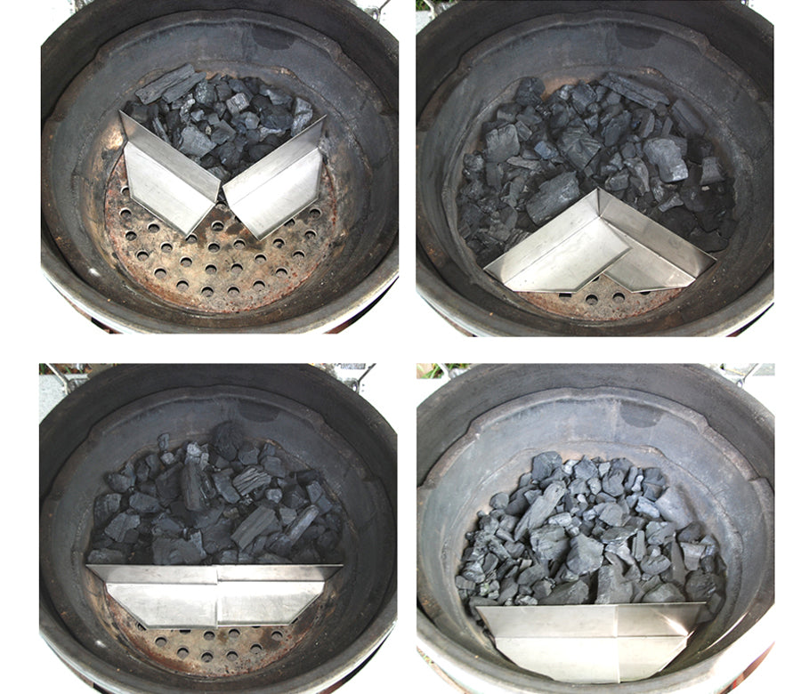 CGS Ang-L charcoal dividers showing four charcoal configurations in an XL Big Green Egg: 1/4, 1/2, 3/4 circular, and 3/4 straight setups.