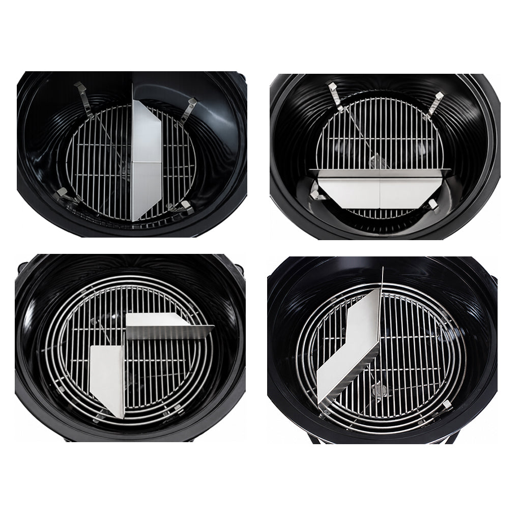Pair of CGS Ang-L Charcoal Dividers demonstrated in multiple partition arrangements on both upper and lower charcoal grate positions inside a Weber Summit Kamado.
