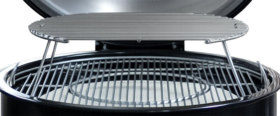 Front view of the CGS Flexible 2nd-Level Expander set up inside the Weber Summit Kamado grill.