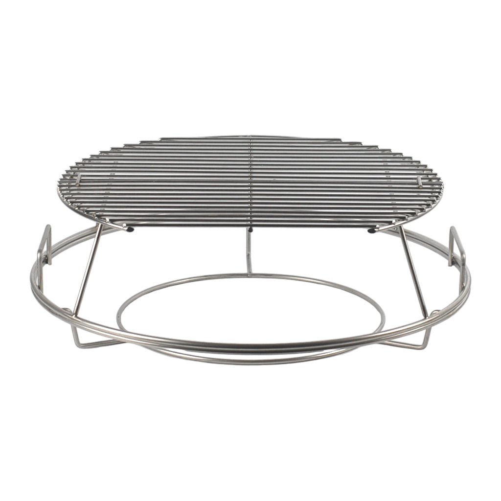 CGS XL Woo and Flexible 2nd-Grid Combo for the XL Big Green EGG. XL Woo rests on the fire ring, holds the deflector and raises the XL cooking grid near the felt line. The Flexible 2nd-Grid adds another level, uses a two part cooking grid system to go half or full grid up top. Flexible 2nd-Grid can be set up as direct and indirect by adding Flexible 2nd-Grid Hanger and CGS 18-inch half-moon deflector.