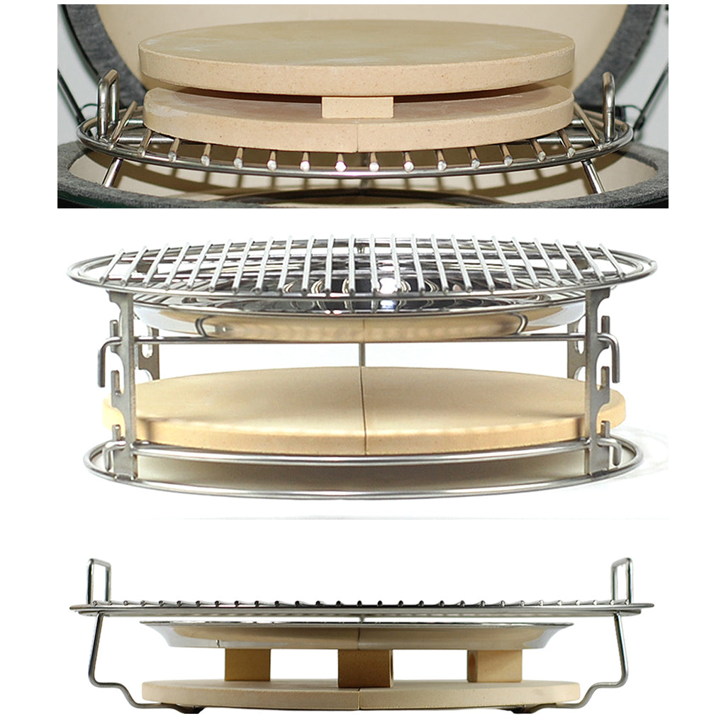 Heat deflector, stainless drip pan and pizza stone options for kamado grill rack systems