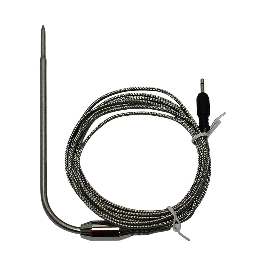 Meat probe for the Fireboard 2 Drive Controller. Probe type: 100K Thermistor. Probe Temperature Range: 0 to 572°F (-18 to 300°C). Specifications: 6 ft. cable, 5 in. long probe, 90° angle, 4mm. diameter.