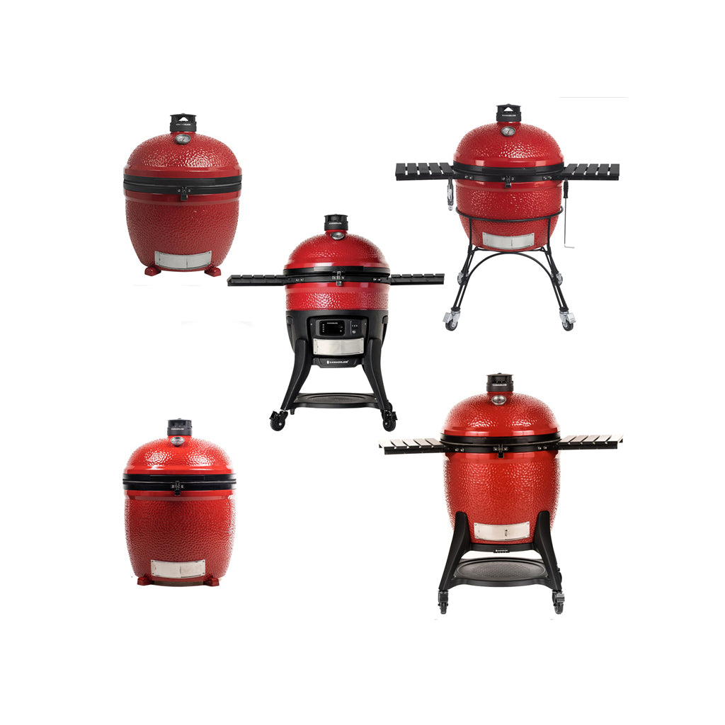 Front view, Kamado Joe Big Joe cart and standalone grills, including Big Joe III, Big Joe II, and Big Joe Konnected Joe.
