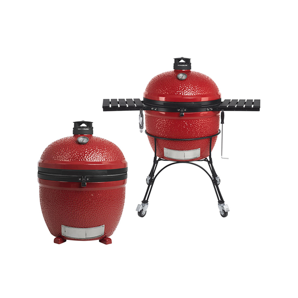 Side-by-side front view of Kamado Joe Big Joe II 24 inch ceramic grills showing cart model with rolling stand and built-in standalone version on ceramic feet