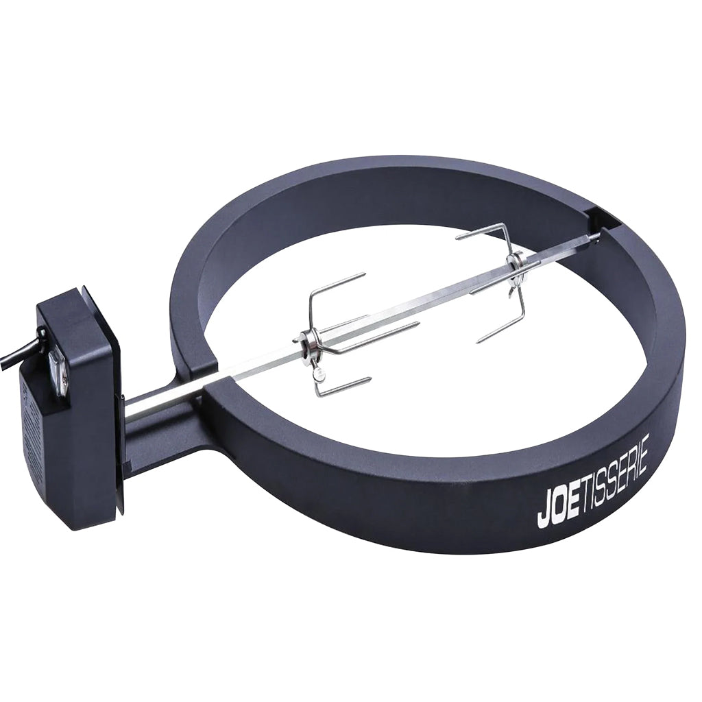 Kamado Joe Big Joe Rotisserie Kit with motor, spit rod and tines, side angle view.
