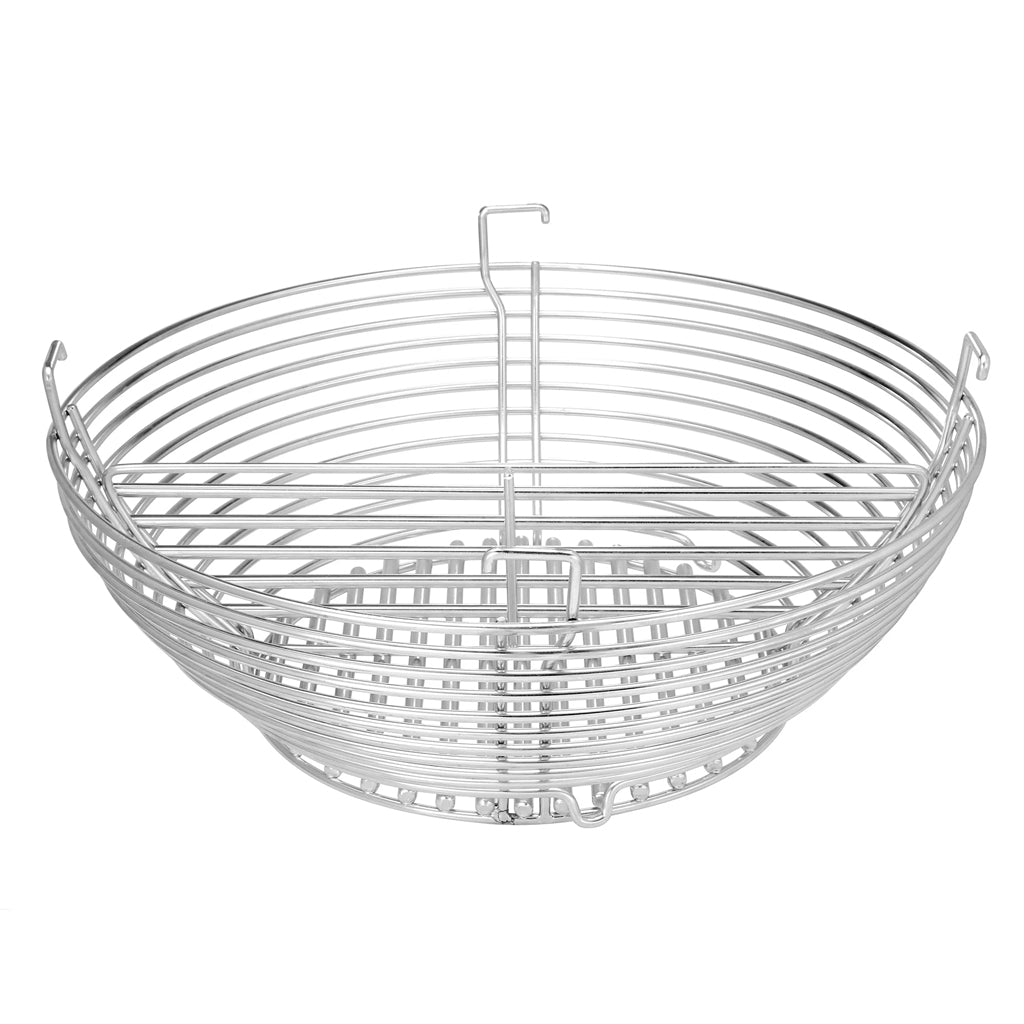 Side view of Kamado Joe Classic Joe stainless charcoal basket with divider plate installed