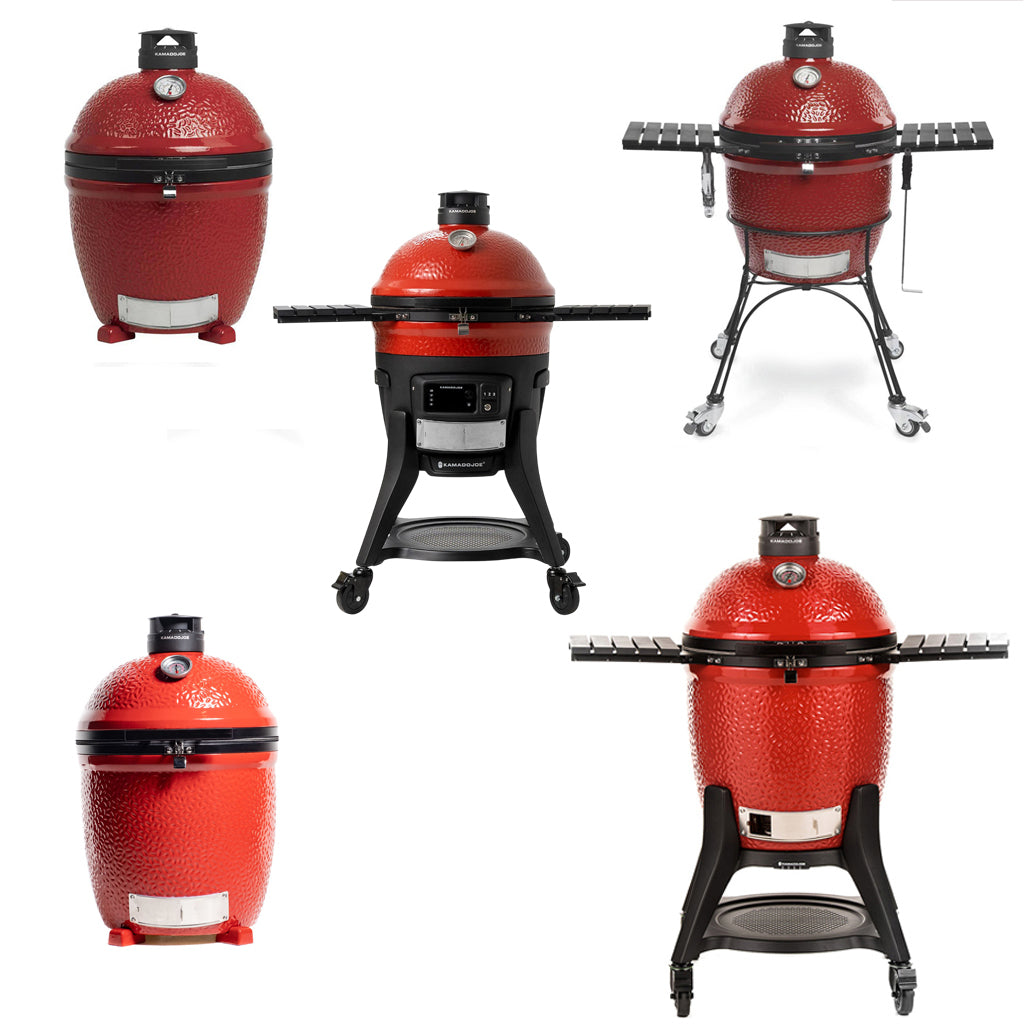 Front view, Kamado Joe Classc Joe cart and standalone grills, includng Classic Joe III, Classic Joe II, and Konnected Joe.