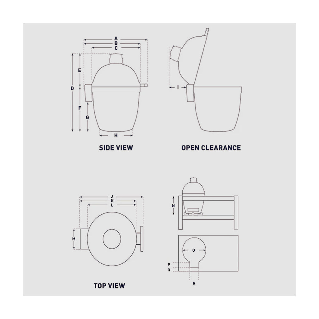 Kamado Joe grill dimensions chart showing cutout and clearance requirements for built-in outdoor kitchens or grill tables, including Big Joe II, Big Joe III, Konnected Big Joe, Classic Joe II, Classic Joe III, and Konnected Joe models.