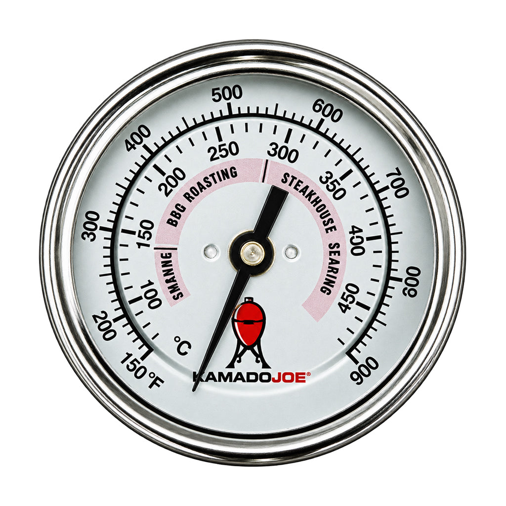 Front view of a Kamado Joe replacement dome thermometer showing the temperature scale, cooking ranges, and indicator needle.