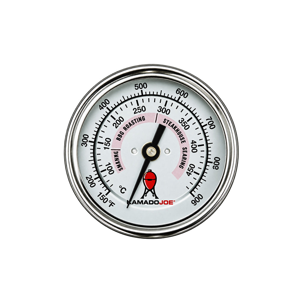 Front view of a Kamado Joe replacement dome thermometer showing the temperature scale, cooking ranges, and indicator needle.