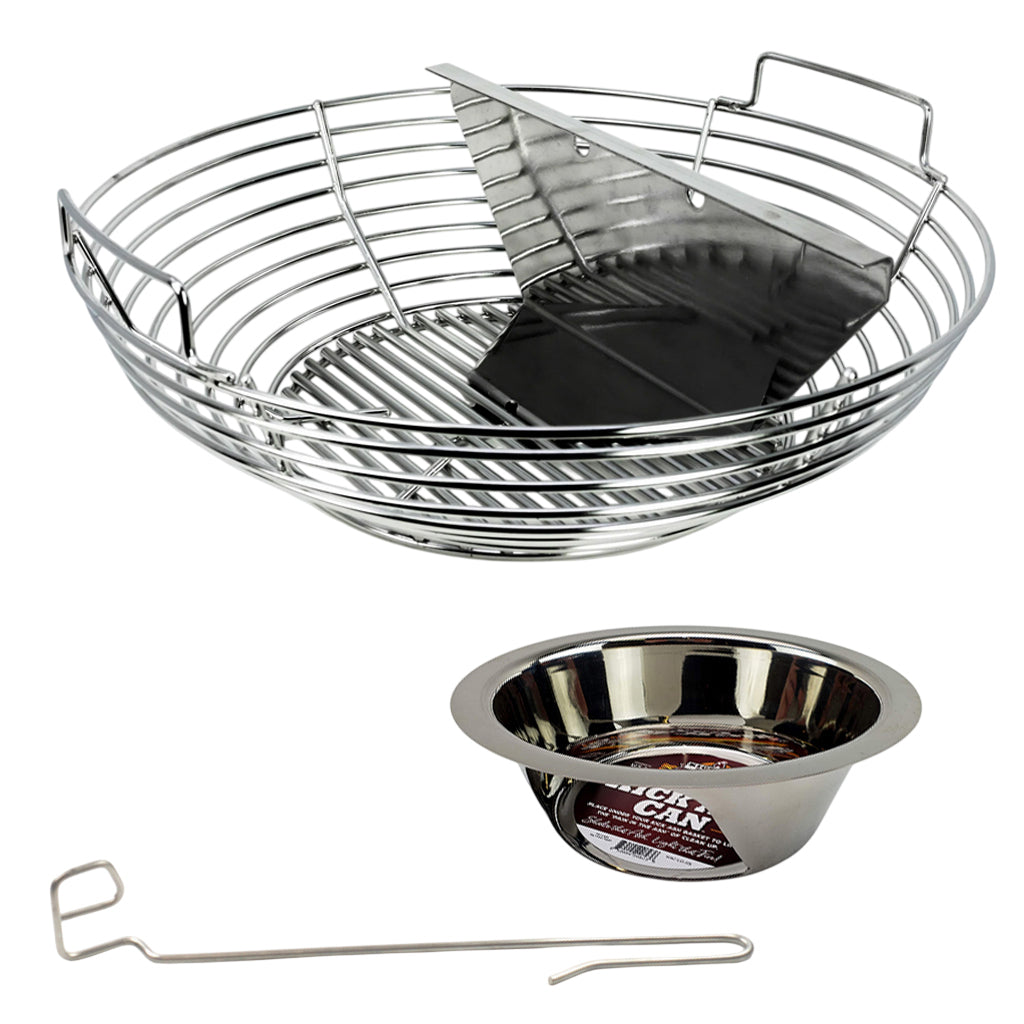 Kick Ash Basket bundle for Pit Boss 24 and Louisiana Grills 24 kamados including stainless basket, ash can, charcoal divider, and free lump rake by CGS.