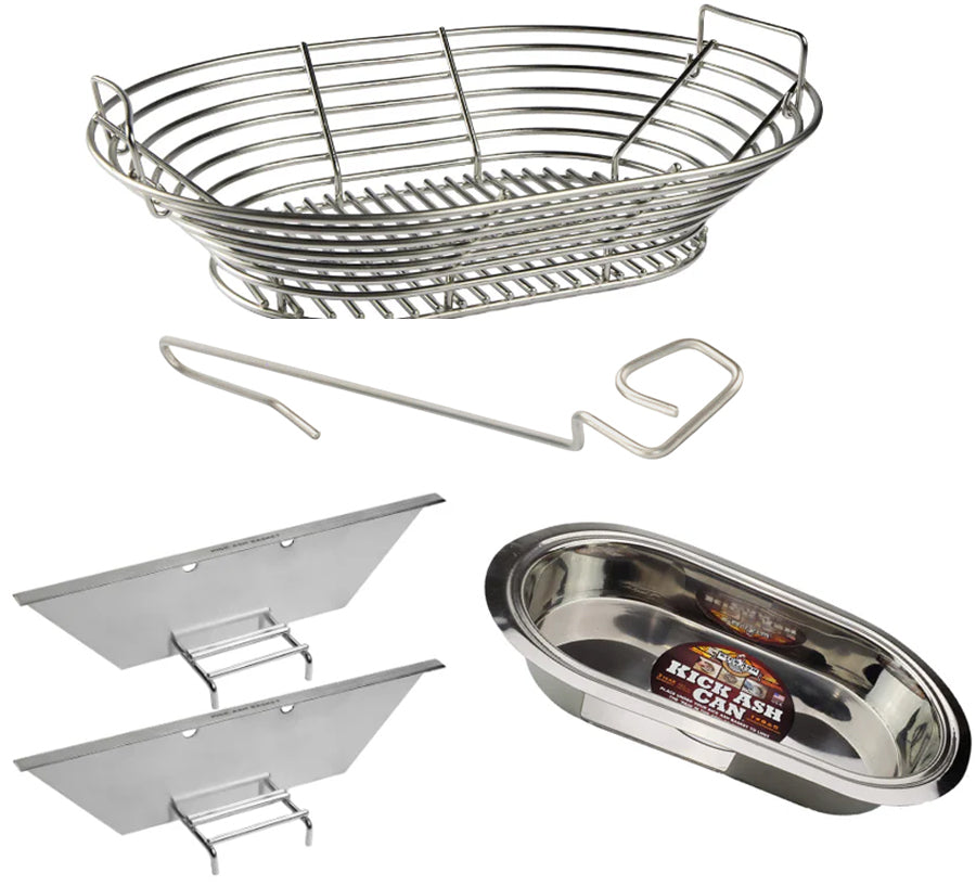 Kick Ash Basket bundle for Primo Oval XXL 500 kamado featuring a stainless steel charcoal basket, ash can, two charcoal dividers, and a free CGS lump rake for complete firebox management.
