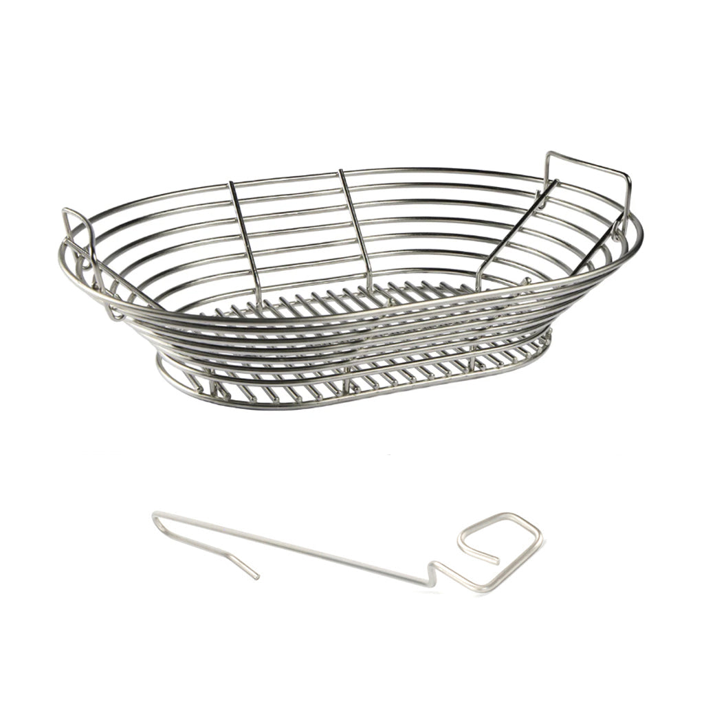 Side-angle view of the Kick Ash Basket for Primo Oval Large 300 Kamado with FREE CGS Lump Rake