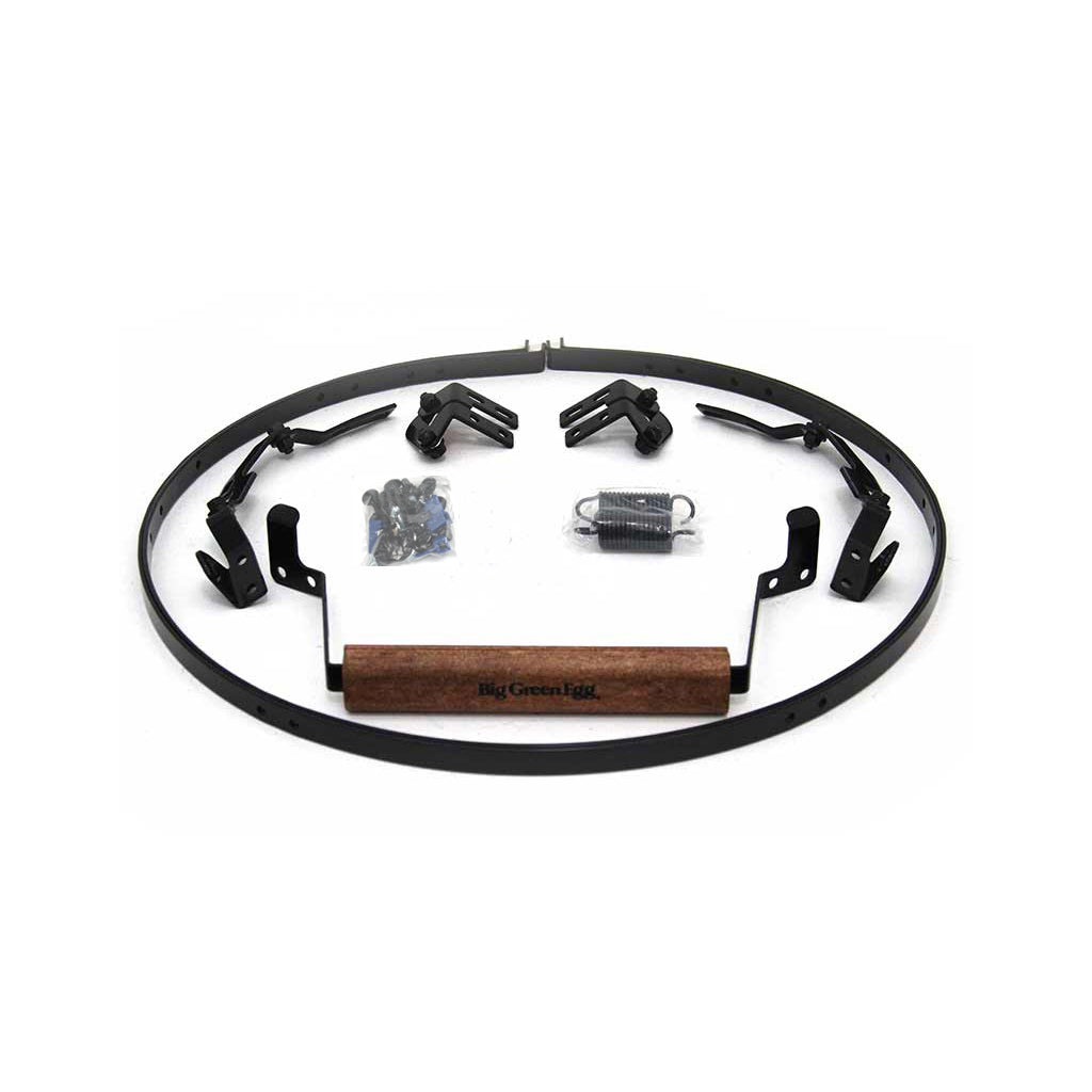 All the OEM parts to a Large, XL and 2XL Big Green EGG Band and Hinge Kit are displayed. For each grill, the kit incudes: two bands, four hinges, two springs, handle, hardware pack for each.
