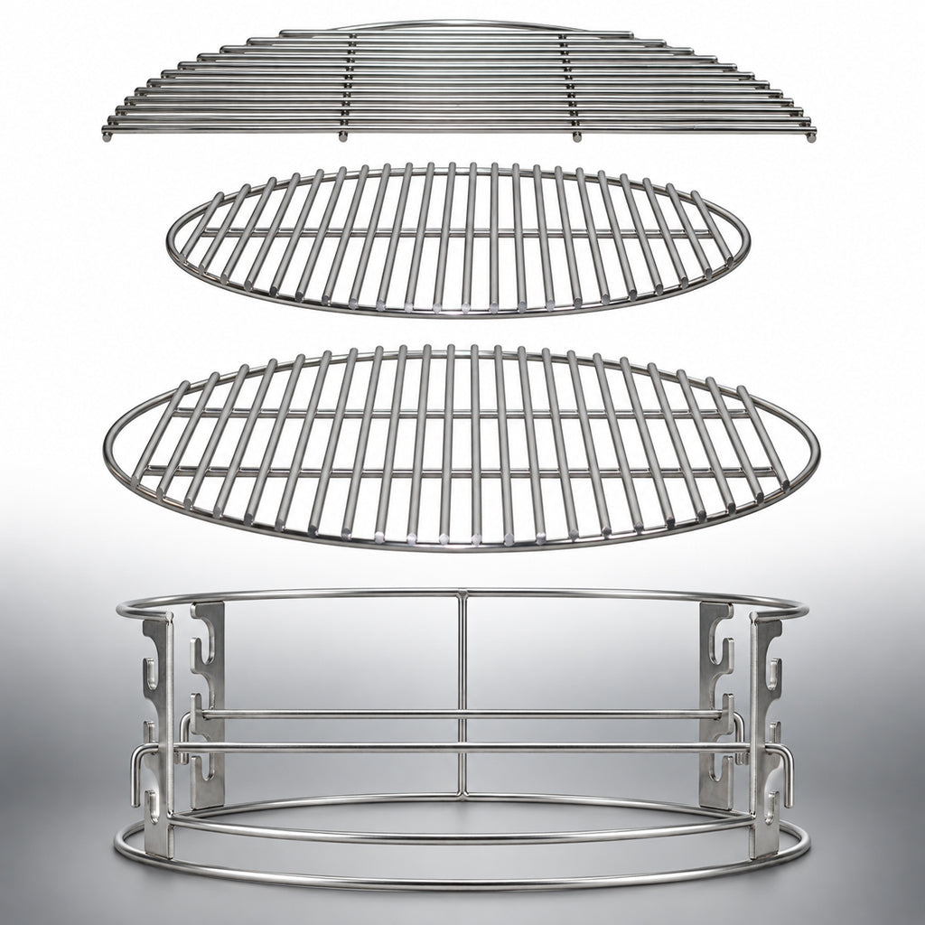 CGS 304 stainless cooking grids for CGS Large Adjustable Rig – 18″, 17″, half-moon, sliding, and oval grids, Made in USA