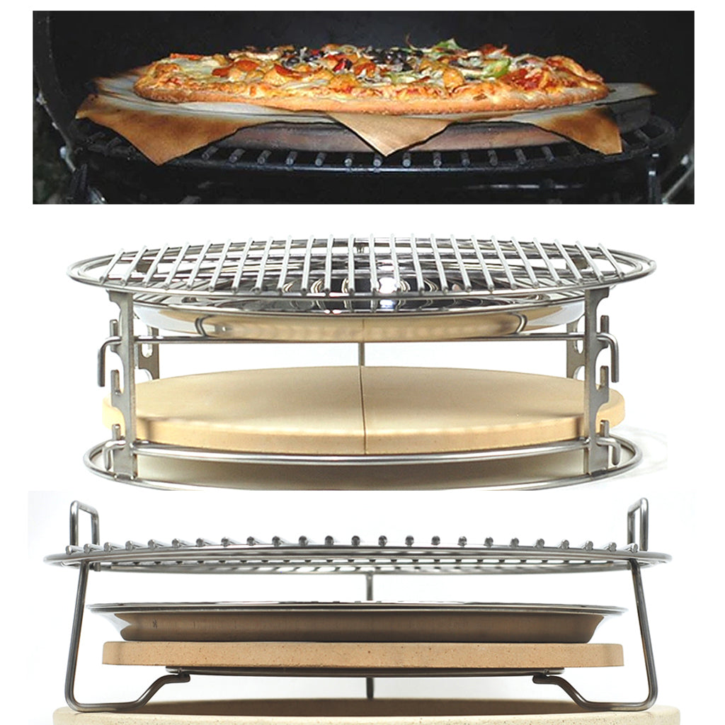 Large Big Green EGG setup and sizing guide for heat deflectors, stainless drip pans, and pizza stones.