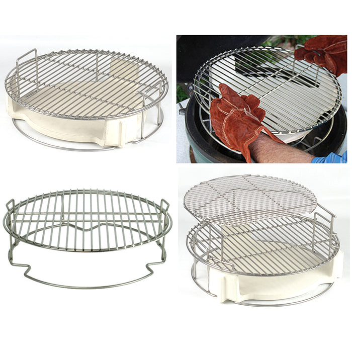 large big green egg expander with conveggtor and second level grid. Easy in and out of large egg using handles on the Expander. Second level grid slides back for easy access to lower grid. Grill direct to fire near the felt line.
