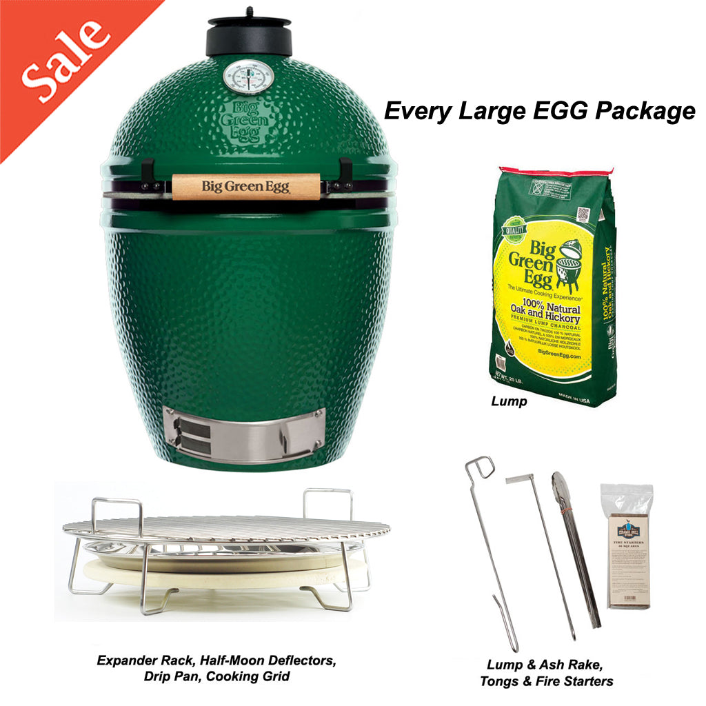 Large Big Green Egg package with CGS cooking system, charcoal, heat deflectors, drip pan, and assorted tools.