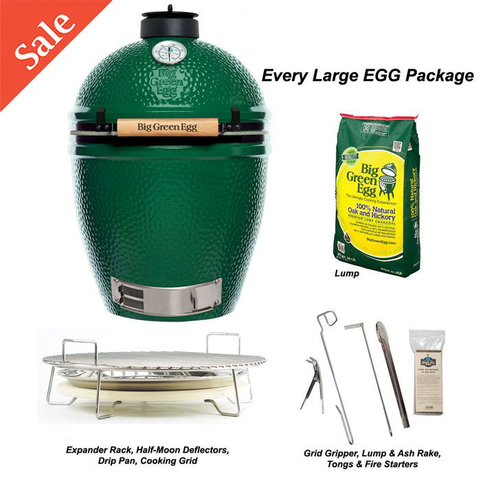 Big sale on our Large Big Green EGG Package. Includes grill, rack system, charcoal, heat deflectors, drip pan, and assorted tools.