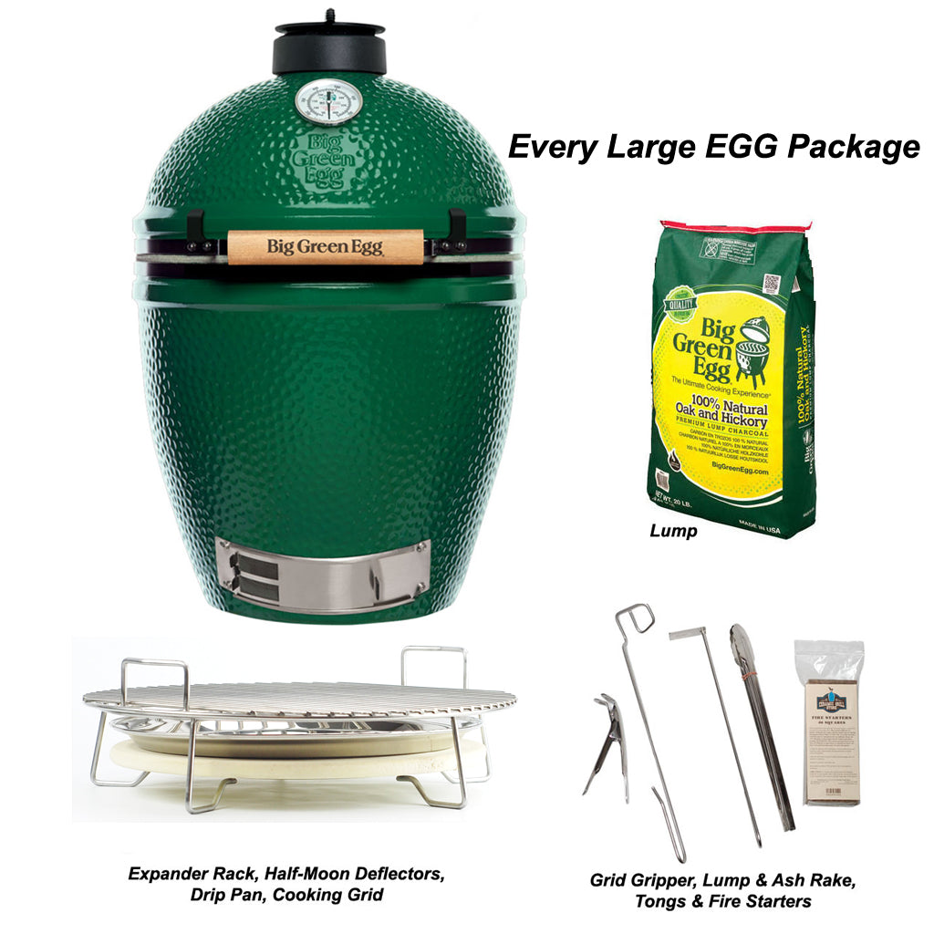 Ceramic Grill Store's Large Big Green EGG package includes Large EGG, CGS Expander with Half-Moon Deflector plates and 16