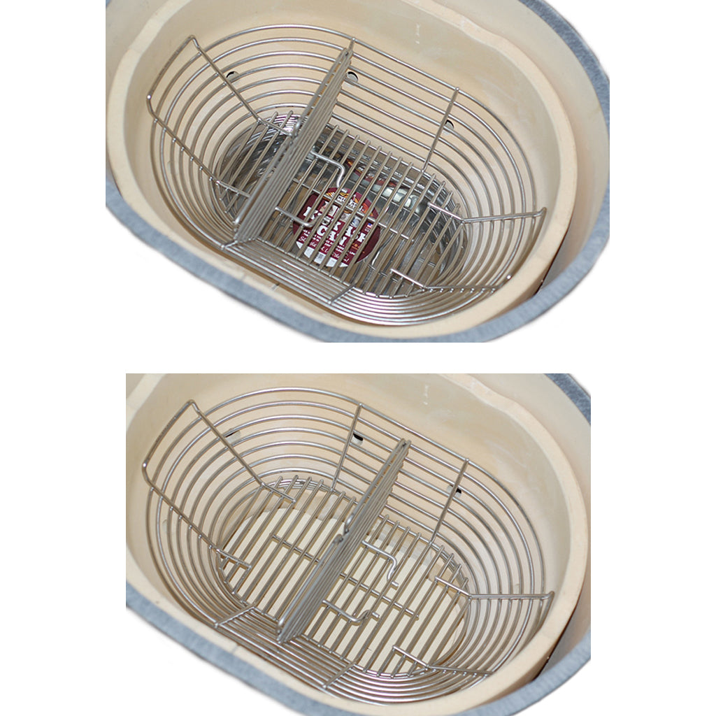 The Large Primo Oval Kick Ash Basket sitting in two Large Primo Oval Grills. One Large Oval with Basket has the CGS Divider in the middle of the Basket. The other Large Primo Oval Basket has the CGS Divider off center, 1/3 & 2/3 division.