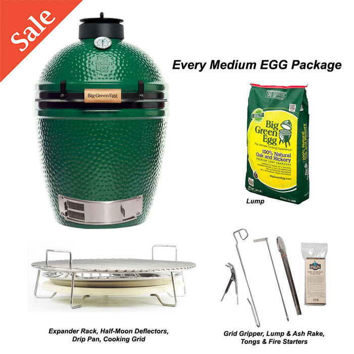 Medium Big Green EGG packages are on sale and include grill expander, half-moon heat deflectors, drip pan, charcoal and assorted tools.