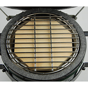 Top view of the Mini Big Green EGG Expander Bundle with Mini Expander, Octagonal Heat Deflector and 10-inch Mini cooking grid, all inside the Mini EGG.