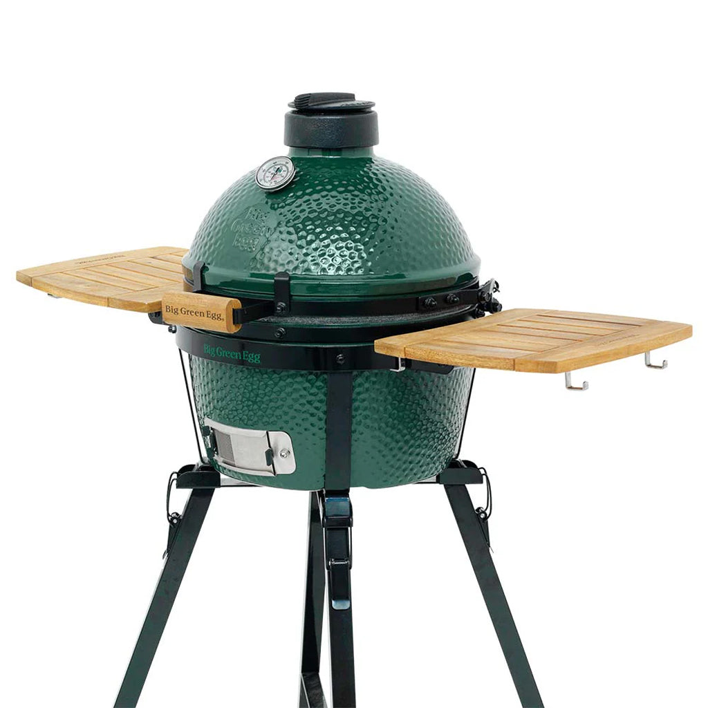 MiniMax Big Green Egg attached to the Portable Minimax Net and Egg Mate side shelves.