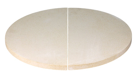 Pair of CGS 18-inch half-moon ceramic heat deflectors for XL Big Green EGG EGGspander and CGS XL Big Green EGG accessories.