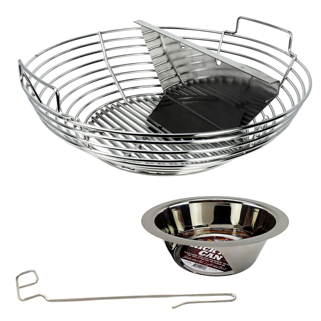 Front side view of the Kick Ash Basket Complete Bundle for the Pit Boss 24 and Louisiana Grills 24 kamdo grills. Bundle includes Kick Ash Basket, Kick Ash Can, Kick Ash Divider and FREE CGS Lump Rake.