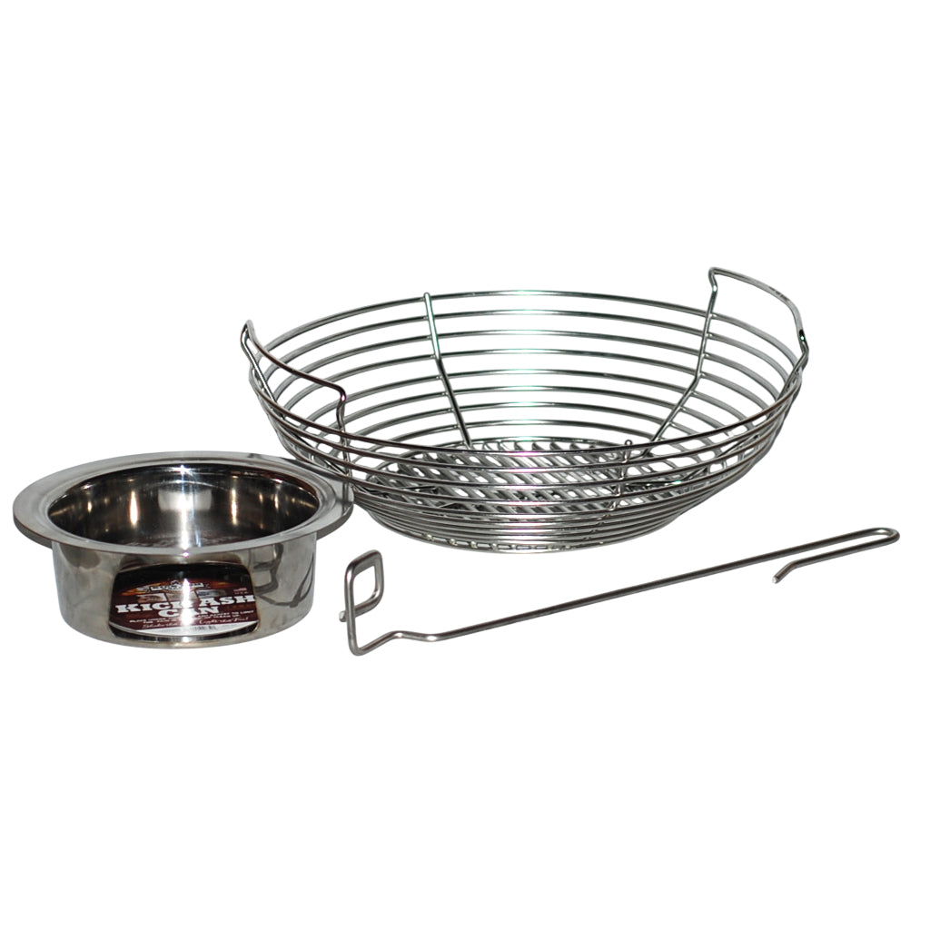 Front side view of the Kick Ash Basket, KAB-17 and Kick Ash Can, KAC-9.7, for the Pit Boss 24 and Louisiana Grills 24 kamdo grills. Also includes a FREE CGS Lump Rake.