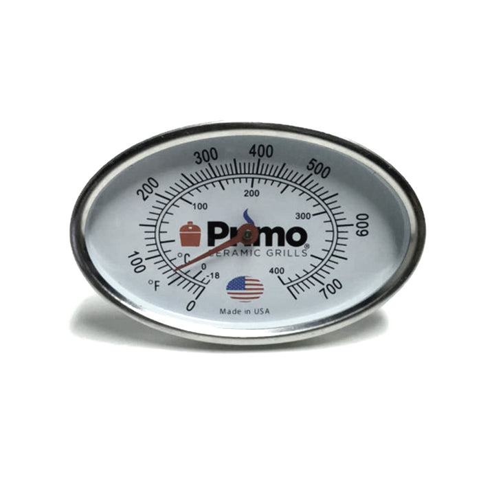 Replacement dome thermometer for Primo Grills. Thermometer fits Large Oval, Junior Oval and Kamado Round Primo Grills. Front face plate shown. 