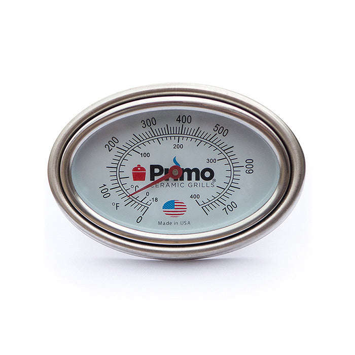 Replacement dome thermometer for XL Oval Primo Grill. Thermometer's front face plate with bezel is shown.