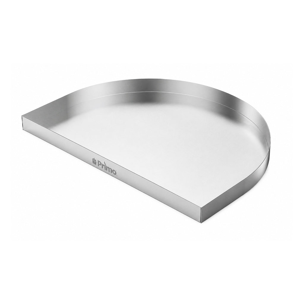 Primo Oval stainless steel drip pan. Use one pan per deflector. Fits XXL, XL, Large and Junior Primo Oval grills.