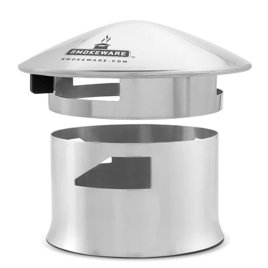 Two piece Smokeware Cap for chimneys on Kamado Joe Grills. Bottom piece snugs the grill chimney. The top pieces slides open and closed to adjust airflow. Top piece is removable.