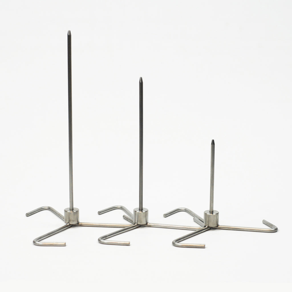 three (5", 9" and 12") options for a vertical meat skewer, meat spit, for tacos al pastor. Each has a threaded removable vertical skewer and wide 3 leg base.