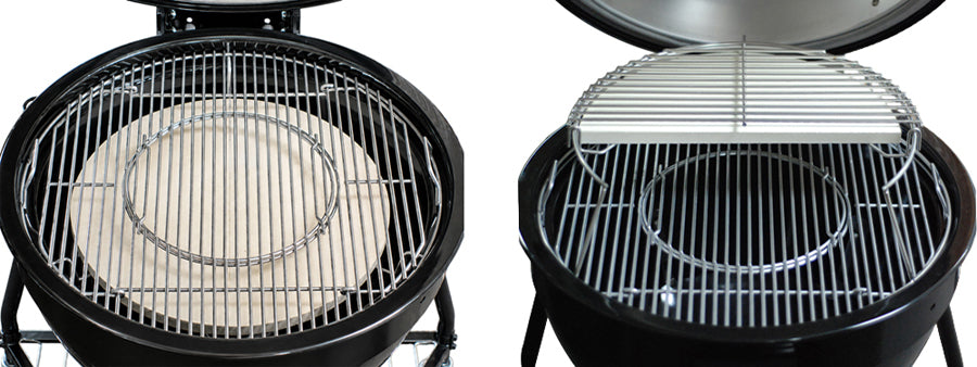 Two Weber Summit Kamado setups using CGS accessories: double-indirect cooking with the Spider and a half-grid indirect setup with the Flexible 2nd-Level Expander.