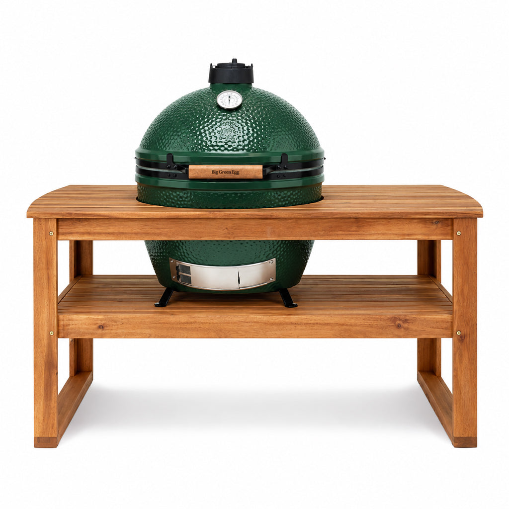 XL Big Green Egg setup in an Acacia Table with Table Nest.