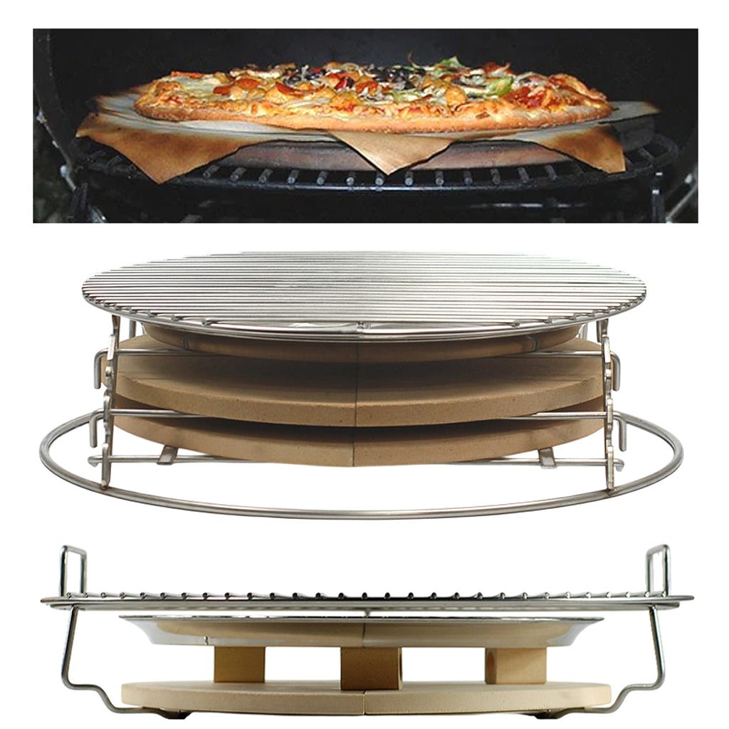 XL Big Green EGG setup and sizing guide for heat deflectors, stainless drip pans, and pizza stones.