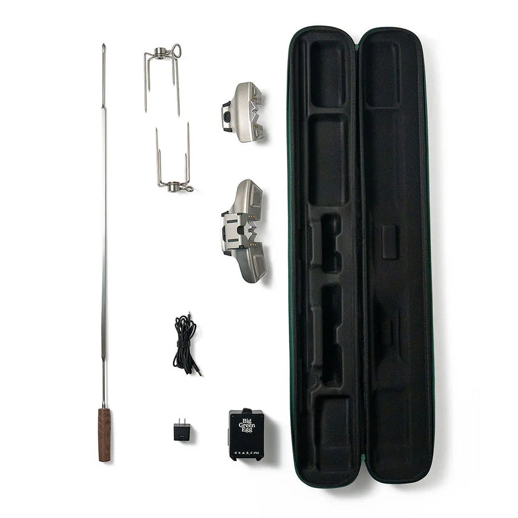 XL Big Green EGG rotisserie kit with pieces layed out and case open. Kit includes 316 stainless spit, forks and mounts, and usb motor and AC adapter.
