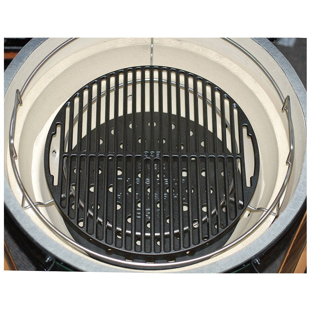 CGS recommended cast iron grid setup in the XL Big Green EGG uses the Large Big Green EGG Cast Iron Grid on the CGS XL Woo or CGS XL Spiders. Gain full use of the entire CI grid. Less costly than two XL Half-Moon Cast Iron grids.