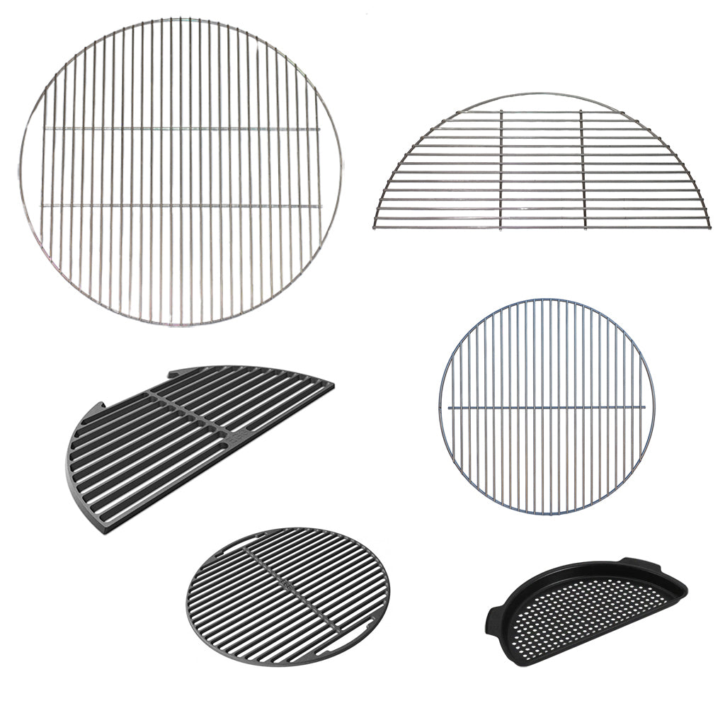 Stainless and cast iron grids that work in tandem with the CGS XL Spiders for the XL Big Green EGG. Grids include: 24" XL EGG grid, 12"x24" half-moon XL EGG Grid, XL Cast Iron Grid, 20" CGS stainless grid, 18" Large Big Green EGG Cast Iron Grid, XL Big Green EGG Perforated Grid and Pan.
The 12"x24" half-moon XL Grid is a full 24" cut in half and not the XL half-moon EGGspander grid.