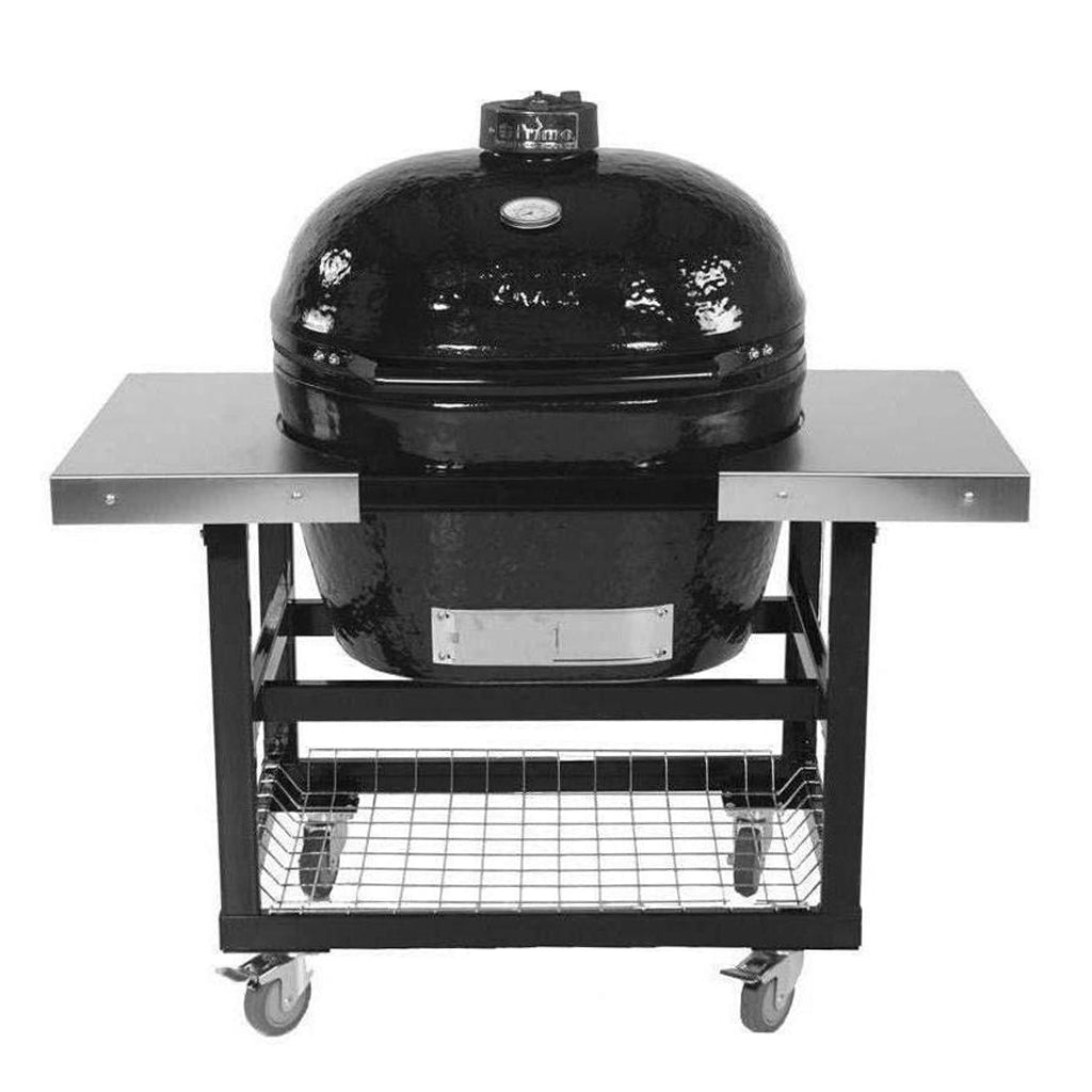 Primo Grill's XXL Oval grill (PGCXXLH) sitting in Primo Grill's 372 metal cart with stainless shelves (PG00372).